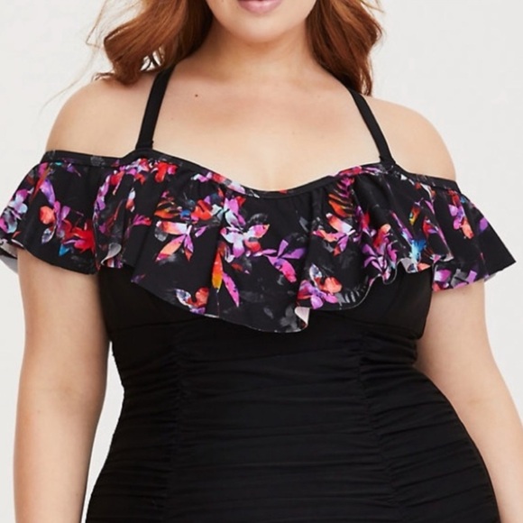 Torrid Swimsuit Tropical Off Shoulder Plus Size 3X Ruched Flounce Sexy Black - Picture 11 of 15